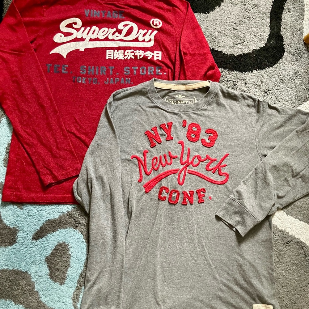Vintage Red and Gray Graphic Long Sleeve Tops